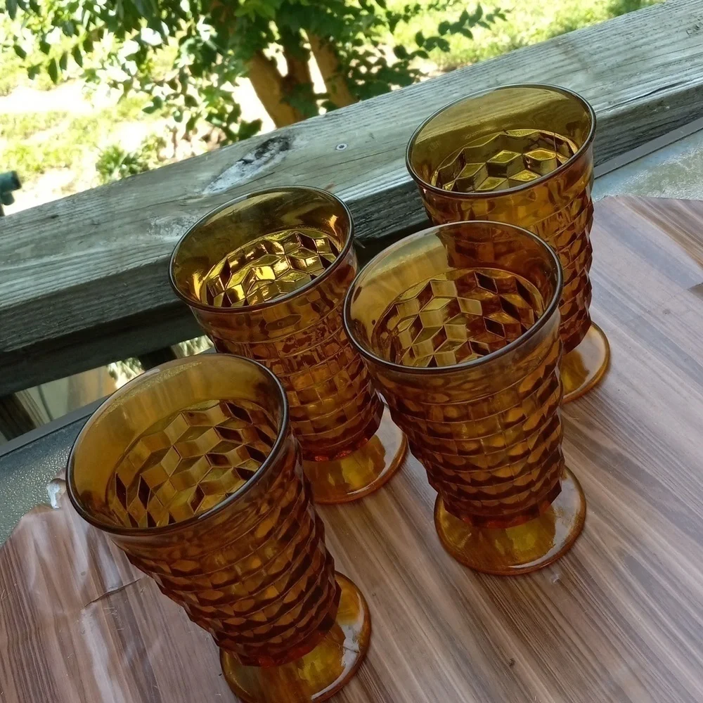 Vintage 1960s Indiana Glass amber Colony Whitehall harvest footed tea glasses